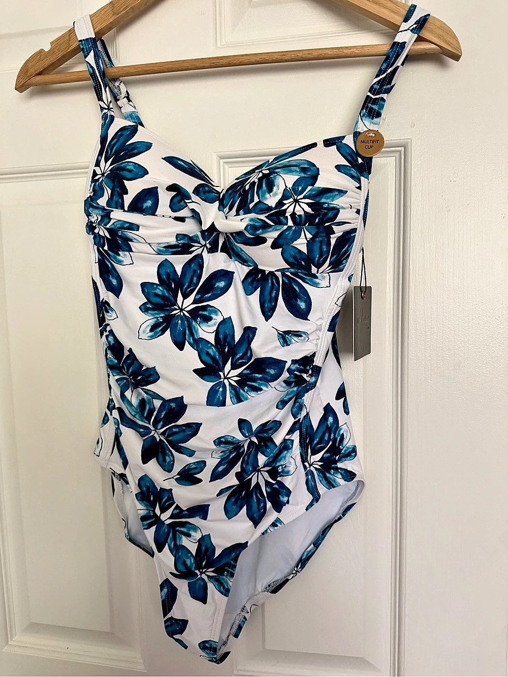 Nip Tuck Swim Joanne Twist Front One Piece Swimsuit Blue & White US 6